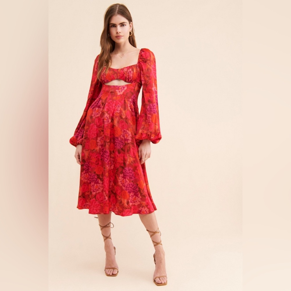 For Love & Lemons Nikki Midi Dress Red Floral Peekaboo Dress NWT